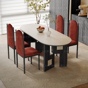 德利丰岩板洞石法式 餐桌家用小户型轻奢奶油椭圆长方形餐桌子客厅