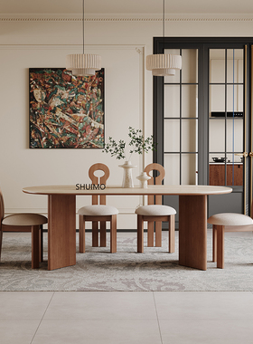 德利丰岩板洞石法式餐桌中古家用奶油椭圆长方形半圆客厅小户型