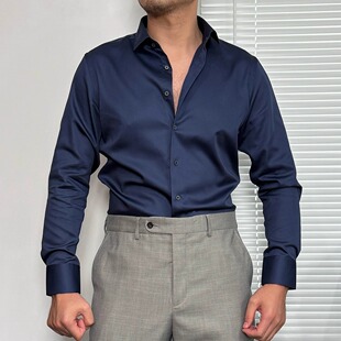 【100%丝光棉】男士长袖衬衫商务正装男丝光衬衣温莎领藏青衬衫男