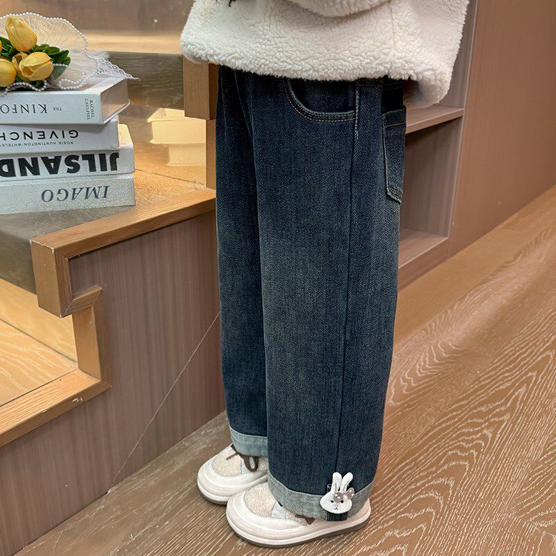 儿童加绒牛仔裤冬装卡通2025女小童直筒裤加厚女童裤子外穿时髦潮