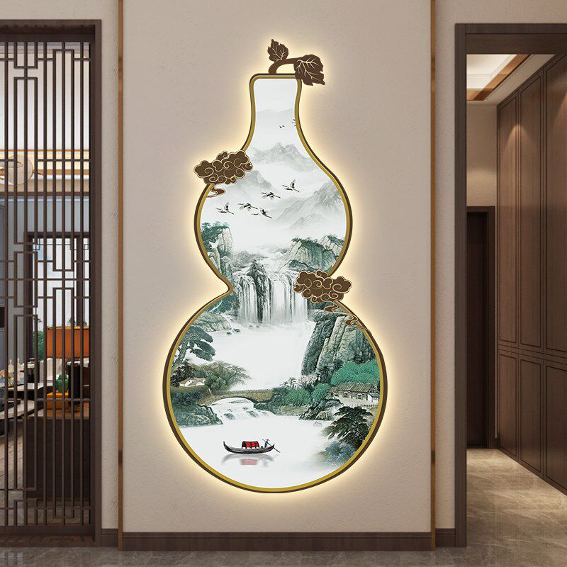 新中式葫芦入户玄关装饰画水墨山水客厅挂画走廊过道发光无框壁画