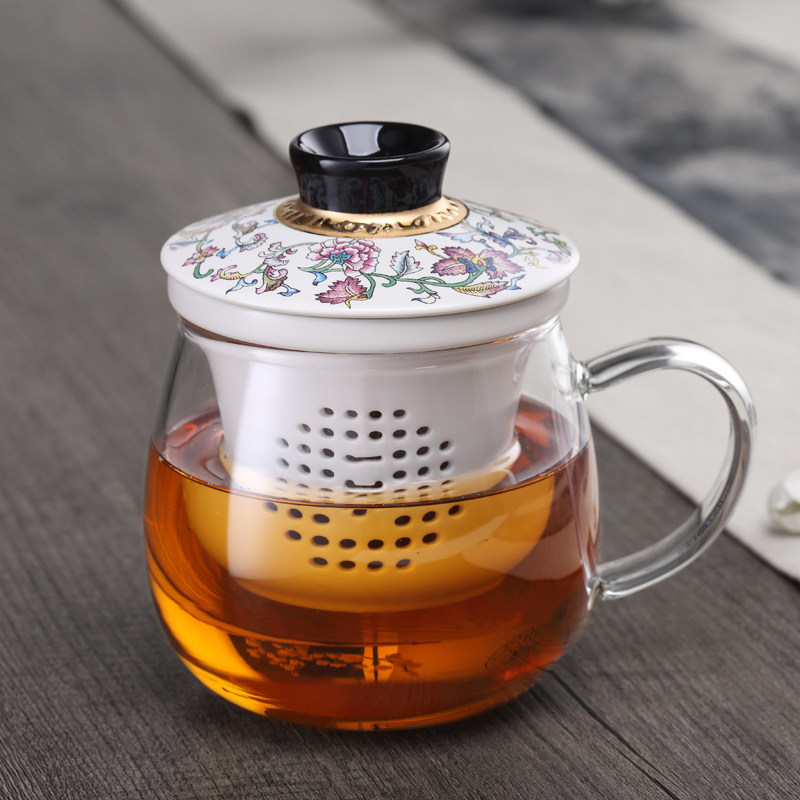 一园陶瓷过滤泡茶杯茶水分离办公室个人专用花茶杯带盖带把玻璃杯