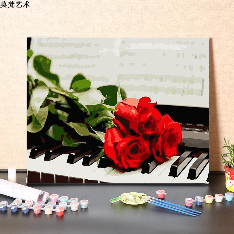 数字油画diy填充手工红玫瑰和钢琴小提琴填画色装饰涂色油彩画画