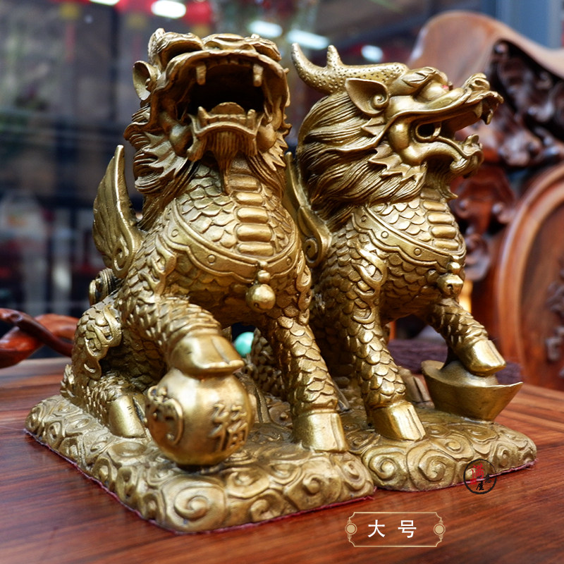 铜麒麟摆件一对大小号客厅卧室店铺招财鎮宅纳福家居客厅店铺装饰