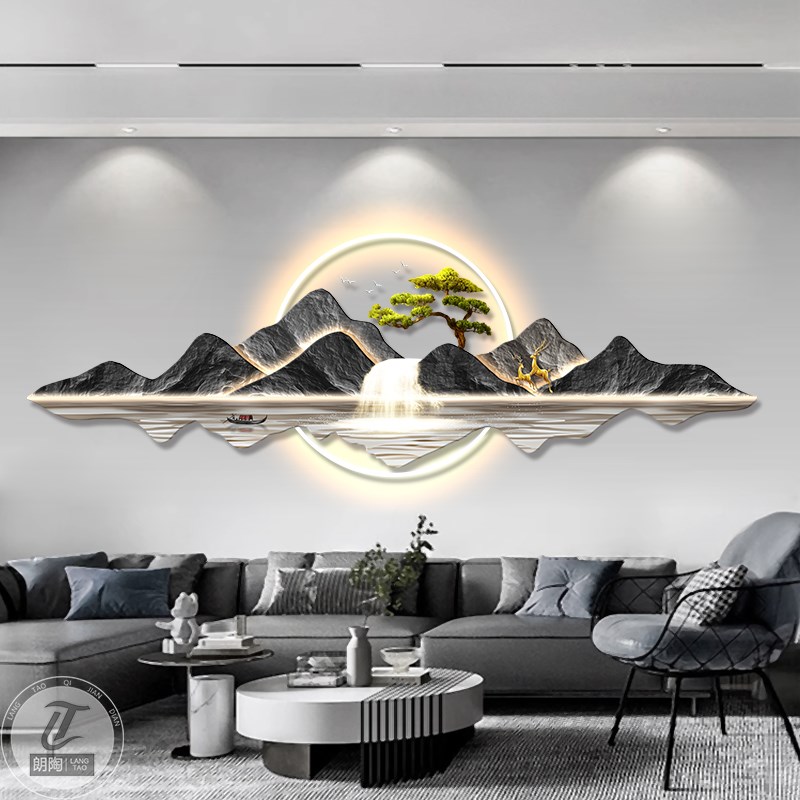 新中式客厅装饰画LED氛围灯大气沙发背景墙挂画山水画迎客松壁画
