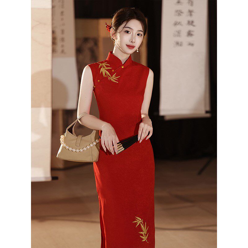 新中式红色旗袍小个子敬酒服新娘晨袍女夏季高端国风竹子订婚礼服