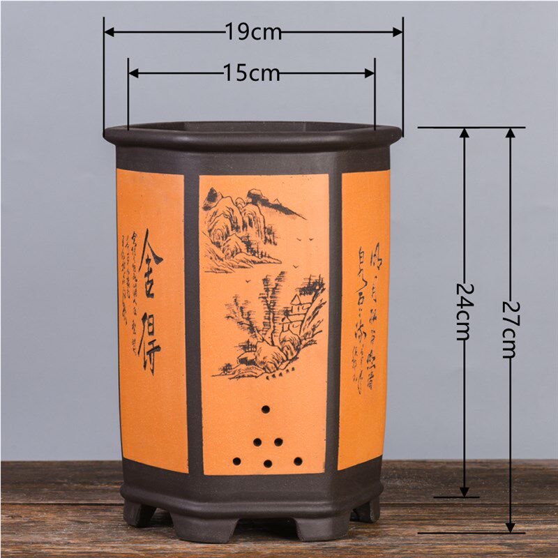 六方紫砂花盆带底托手工兰花盆