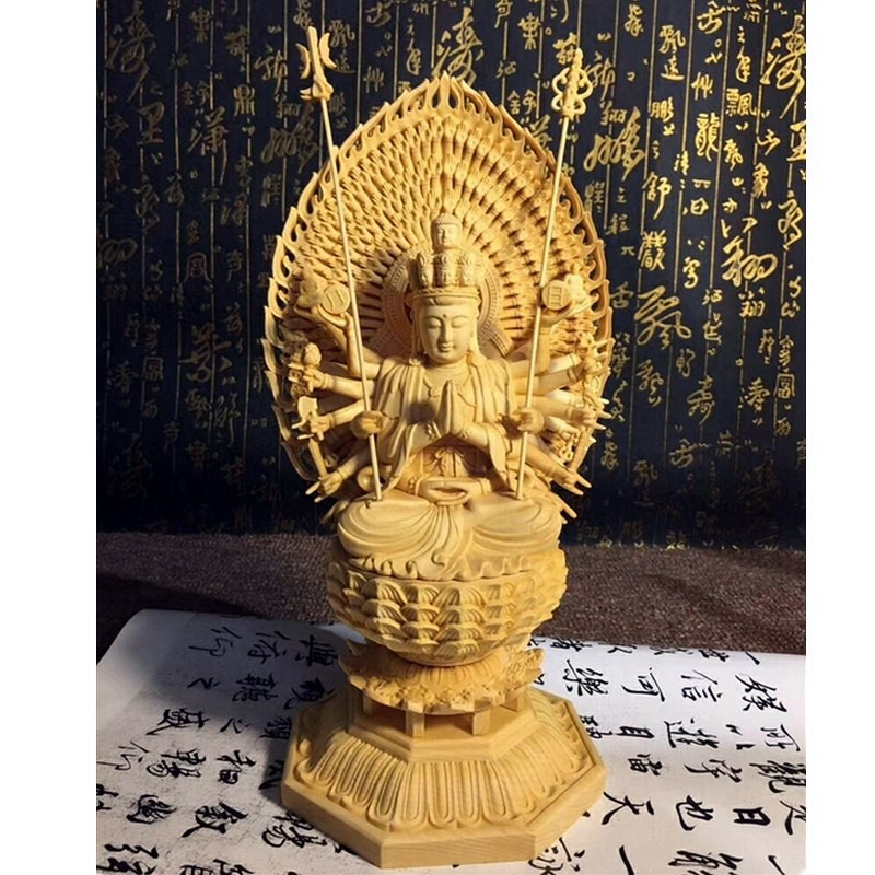千手千眼观音佛像实木雕刻莲花底座原木摆件家居玄关装饰桧木雕刻