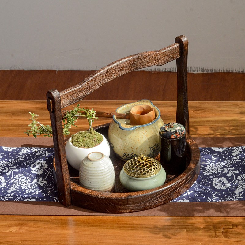 实木复古手提篮禅意茶道零配中式收纳食盒酒店民宿圆水果托盘摆件