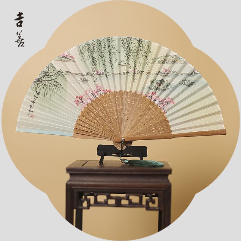 吉善扇子6寸真丝女式折扇手绘女扇出国礼品扇杭州丝绸扇绢扇竹扇
