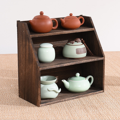 茶具双层茶壶茶杯多宝阁实木挂墙三层茶架展架格茶棚博古架置物架