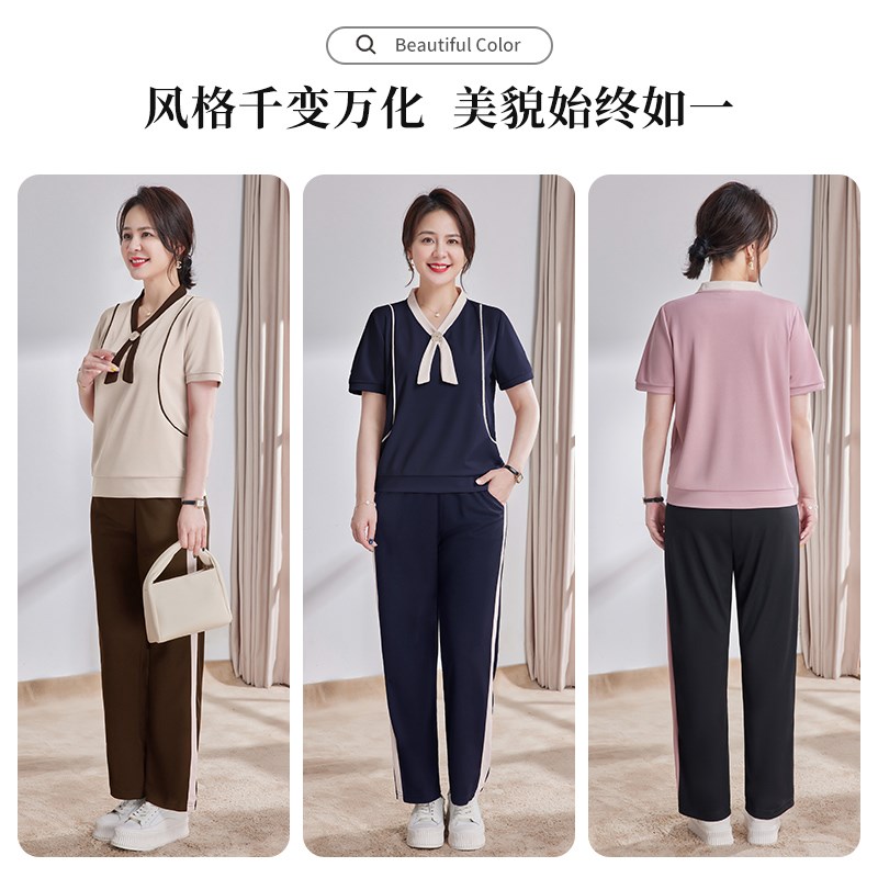 中年妈妈洋气夏装运动服套装2024新款中老年女夏季短袖T恤两件套