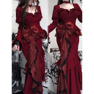 Monika/高定设计感蝴蝶结鱼尾连衣裙气质优雅风蕾丝玫瑰礼服长裙
