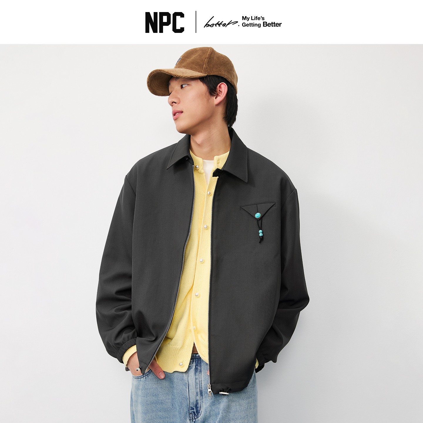 NPC潮牌仿绿松石翻领拉链夹克男教练短款插袋官方正品假一赔十
