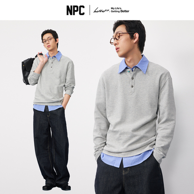 NPC潮牌刺绣仿绿松石扣华夫格长袖T恤男亨利领官方正品假一赔十