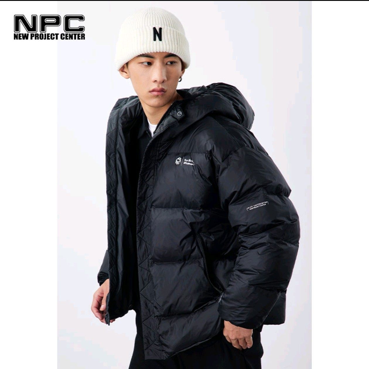 NPC潮牌左胸前NPClogo印花鹅绒连帽羽绒服二面穿保暖潮男
