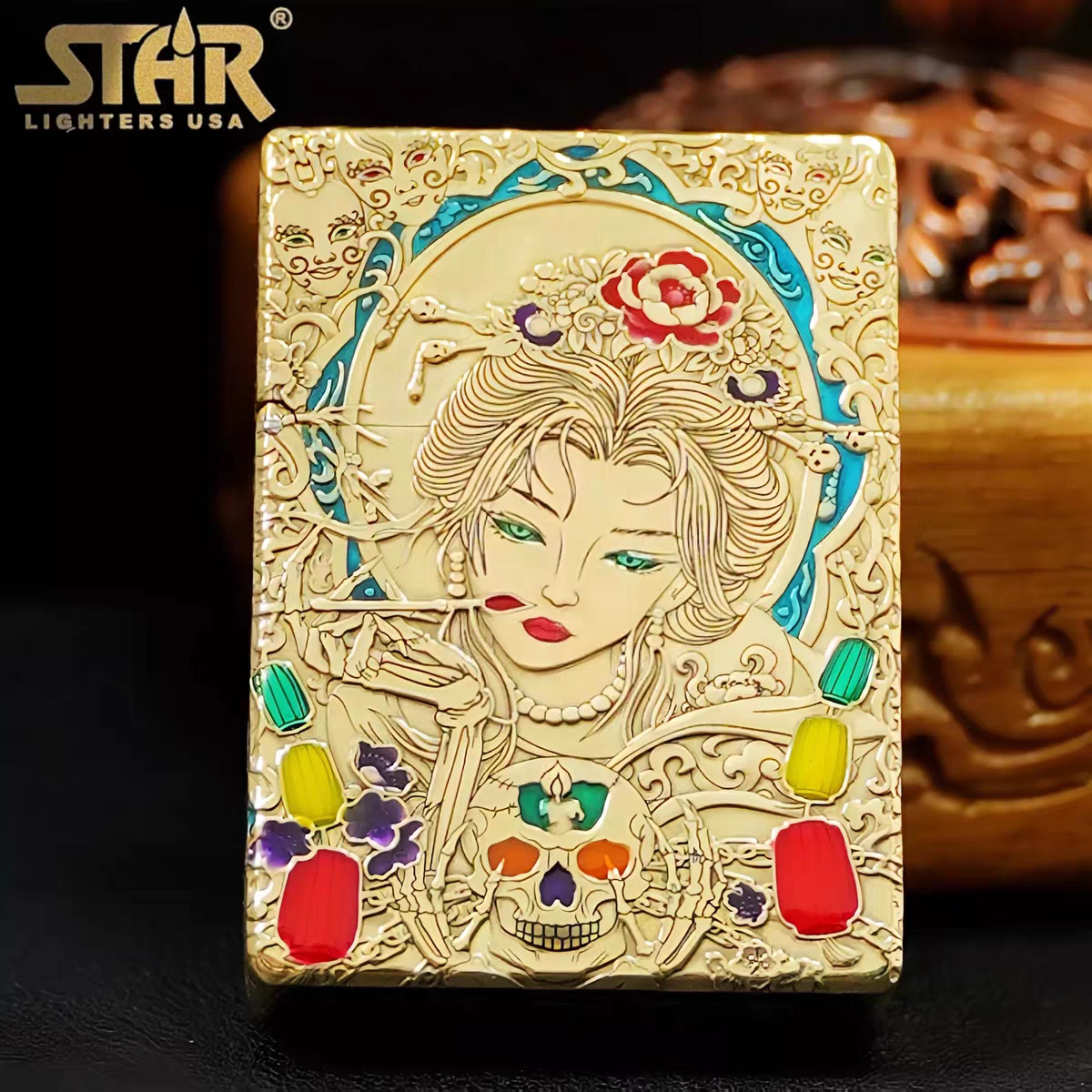 STAR恒星ST9黄铜珐琅彩浮雕画皮尘心煤油打火机黄铜煤油机