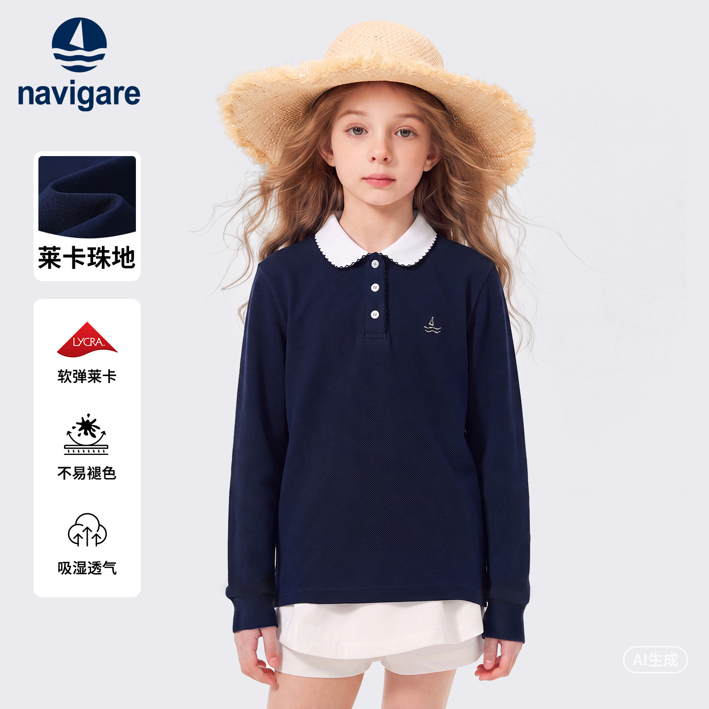 Navigare意大利小帆船女大童长袖polo领T恤2026年儿童秋新款上衣