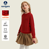 Navigare意大利小帆船女童红色毛衣26新年款 秋冬儿童圆领加厚针织