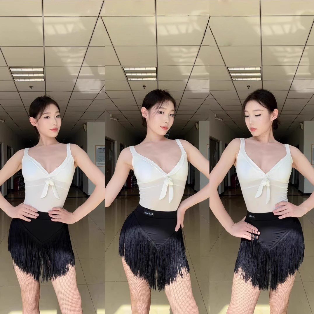 新款拉丁舞服蝴蝶结吊带流苏裙