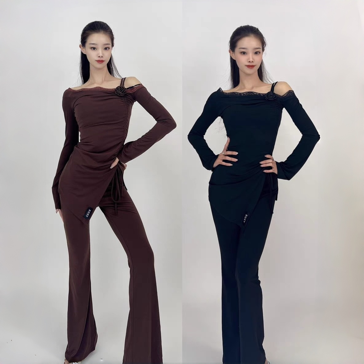 2026冬新款拉丁舞服花朵一字肩长袖罩衫喇叭裤练舞教课表演女士,运动/瑜伽/健身/球迷用品,拉丁舞练习套装,淘宝优惠券,粉丝福利购,淘宝优惠卷