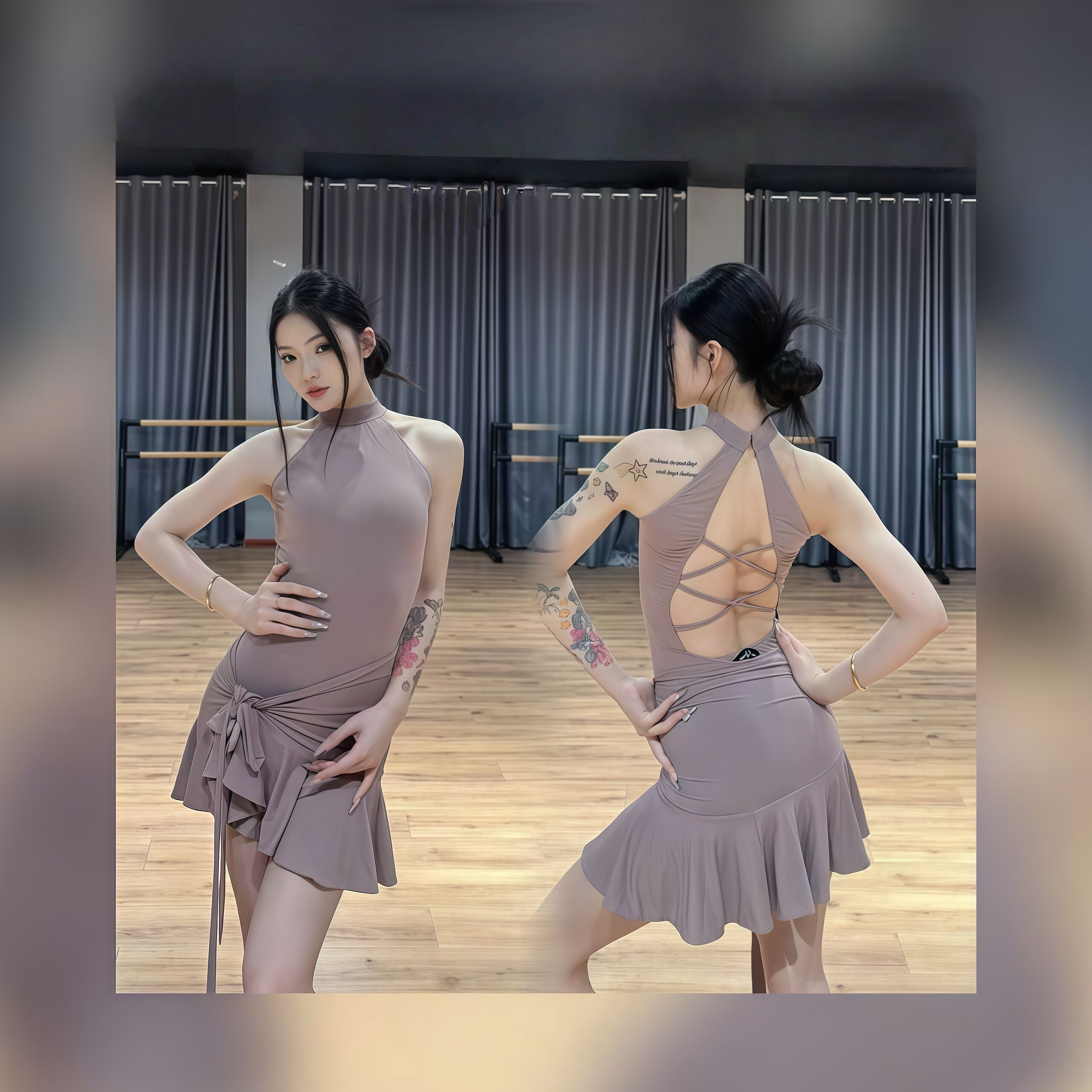 新款成人拉丁舞裙新款冰丝高级感套装遮副乳显瘦漏背演出表演服