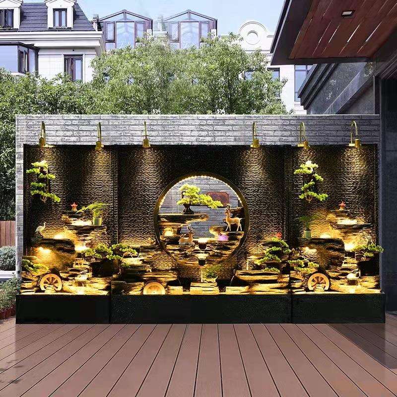 大型假山流NJQ水喷泉幕墙屏风别酒店公司大墅厅轮风水水招财摆件