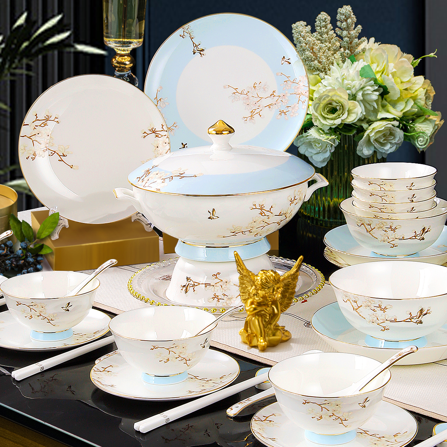 景德镇餐具套装2025新款骨瓷碗碟套装家用中式轻奢餐具空谷玉兰