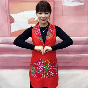 网红时尚复古民族风花围裙翻领式红色喜庆家用厨房饭店餐饮专用