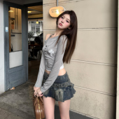 SiCii 上衣 显瘦长袖 灰色十字架刺绣印花T女性感辣妹长款 修身