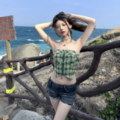 无袖 SiCii 绿色金属抹胸背心设计感显瘦短款 抹胸上衣