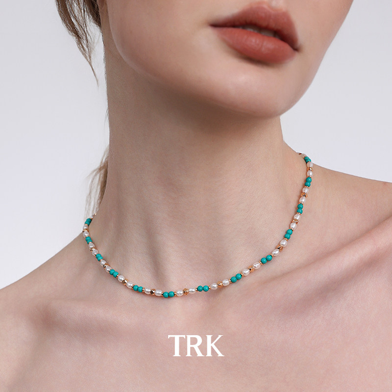 TRK珍珠项链女款银镀18K金锁骨链绿松石配饰毛衣链高级感轻奢小众