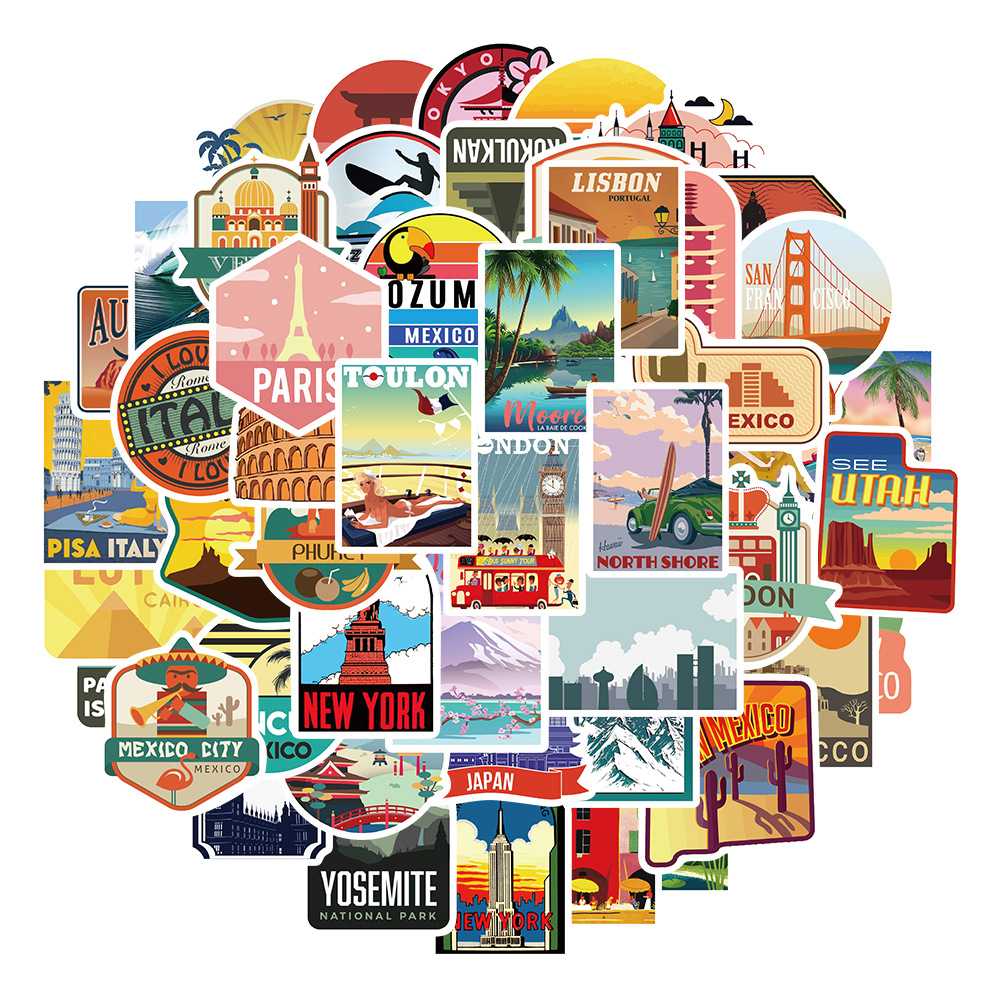 新款直销50张城市旅游风景贴纸旅行箱滑板行李箱笔记本手机壳车身