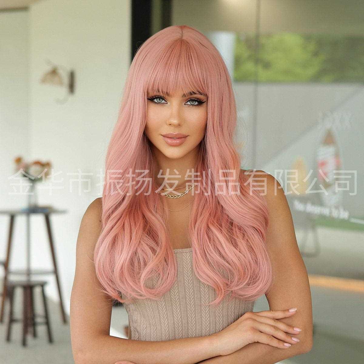 新款直销跨境假发女24inch粉橘色大波浪长卷发齐刘海温丝假发套现