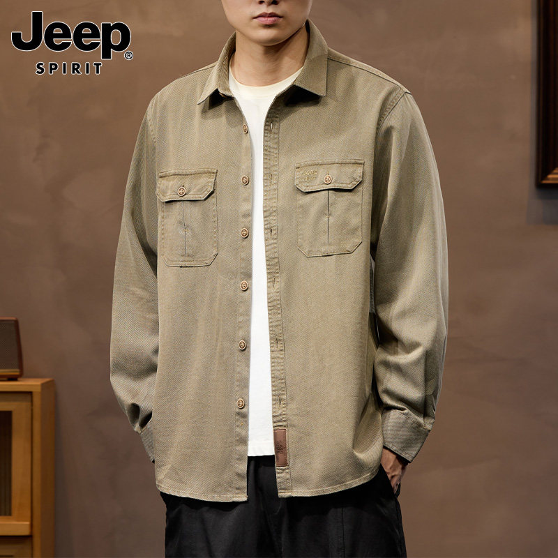吉普2026春季新款工装天丝长袖衬衫男款宽松大码休闲潮流耐磨衬衣