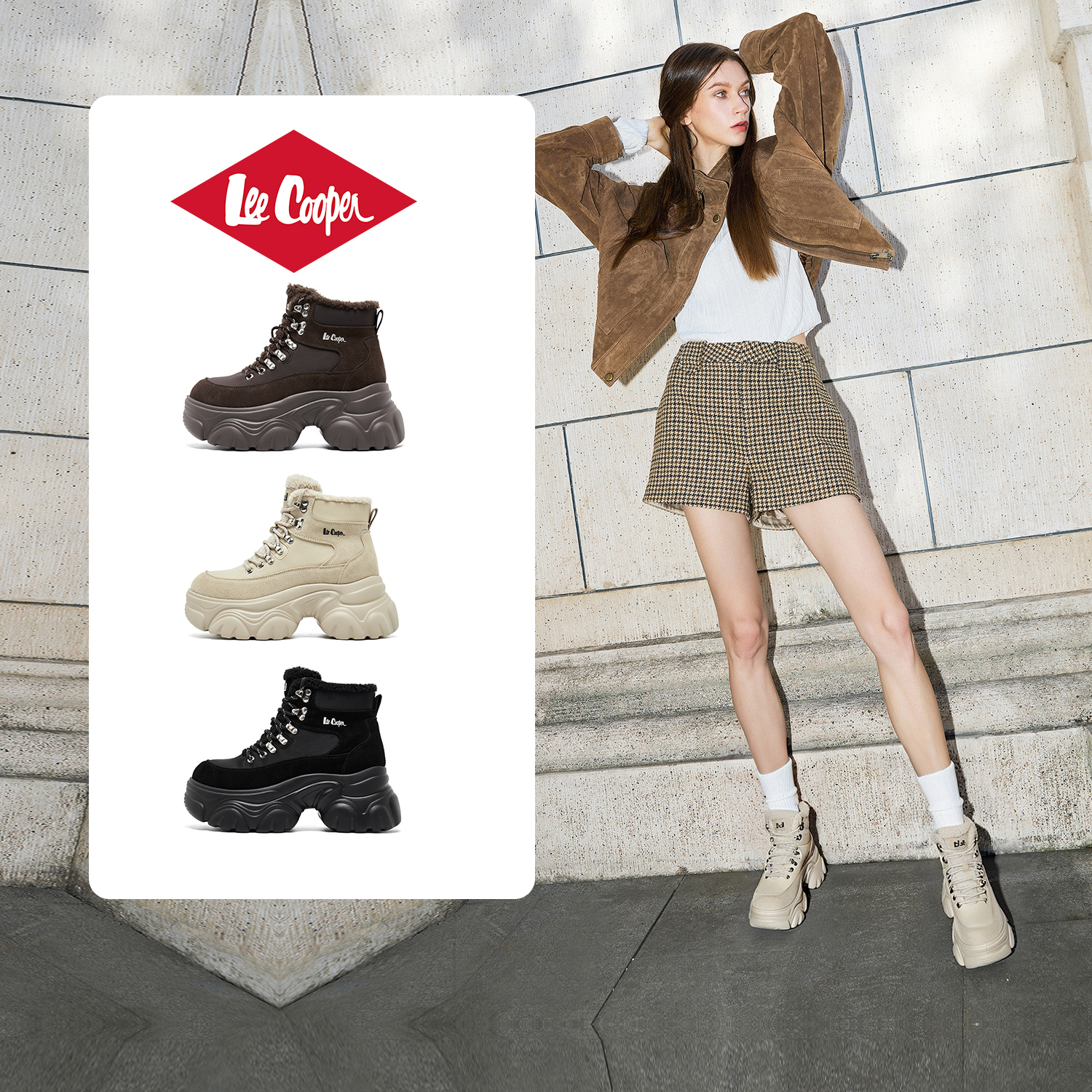 LeeCooper【孟子义同款系列】厚底加绒老爹鞋女冬增高棉鞋雪地靴