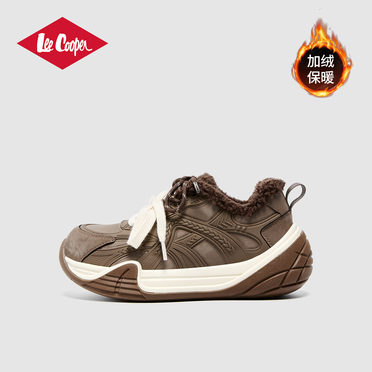 Lee Cooper毛毛女鞋2025冬新款加绒德训鞋时尚增高保暖休闲板鞋女