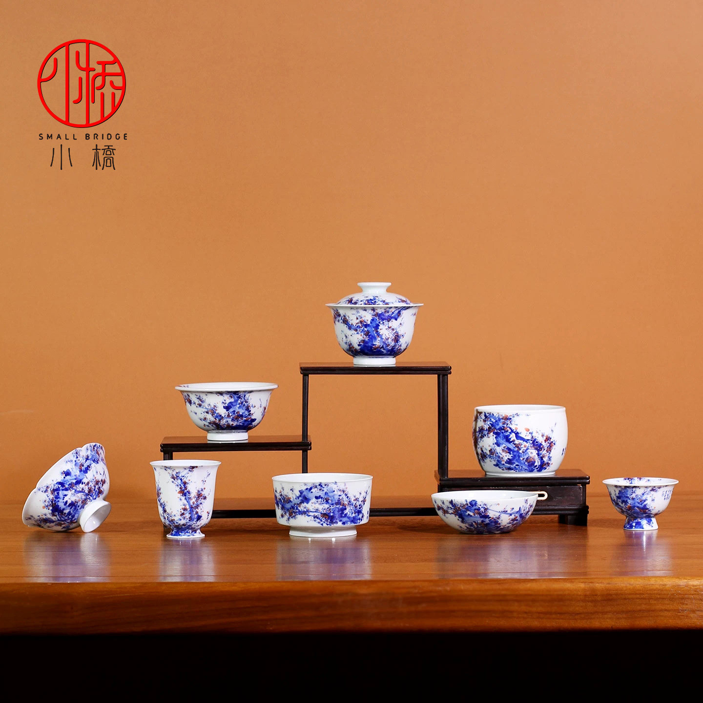 景德镇小桥窑青花梅花盖碗茶杯