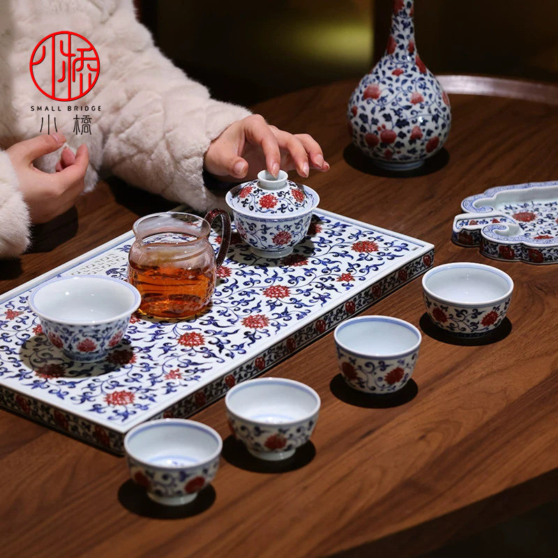 小桥窑青花泡茶壶压手杯茶杯盖碗