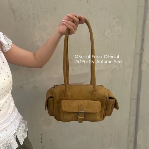 韩国复古麂皮波士顿包包女