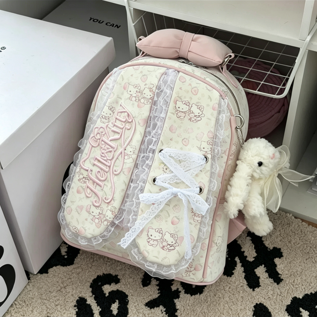 碎花垂耳兔双肩包女蕾丝绑带蝴蝶结书包大容量洛丽塔学生上课背包