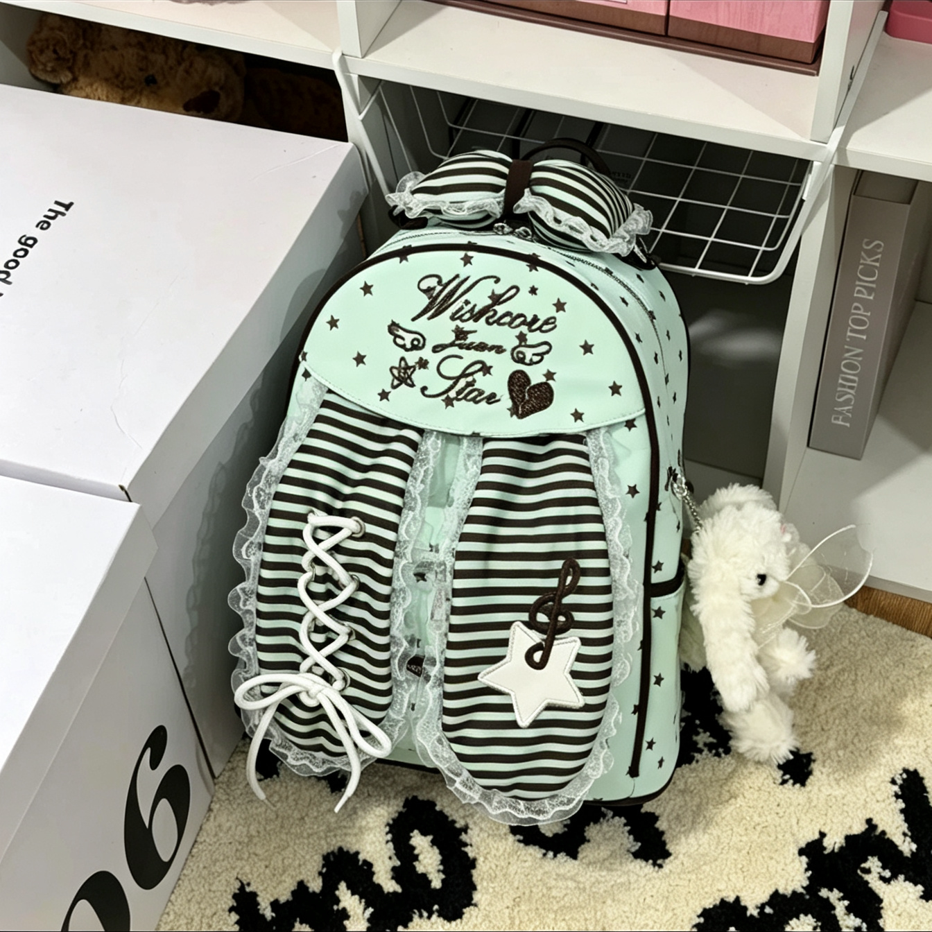 小众星星条纹双肩包包女蕾丝边薄荷生巧背包大容量学院风学生书包