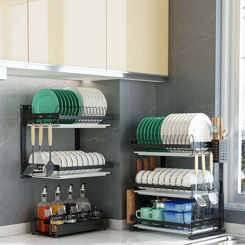 黑色不锈盘钢放碗架沥台面家用碗碟子架挂墙收纳架免打水台面碗碟