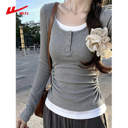 ZH回力假两件长袖t恤女秋2026新款正肩圆领修身内搭打底衫上衣