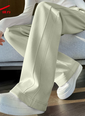 回力绿色窄版阔腿裤女2025春秋季新款小个子高腰直筒休闲运动裤子