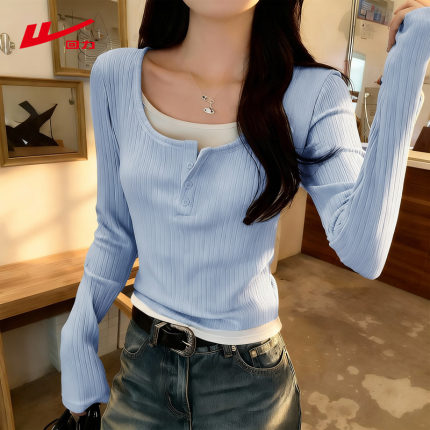 ZH回力蓝色内搭打底衫上衣女款2026春秋季新款修身纽扣长袖t恤