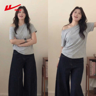 ZH回力女款斜肩T2026新款麻灰设计感斜肩显白日常好看通勤上衣