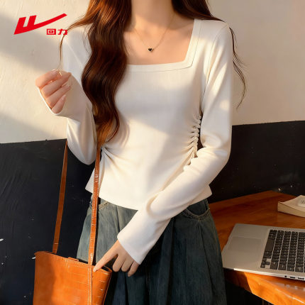ZH回力方领长袖T恤女2026年新款秋褶皱修身打底衫长袖显瘦百搭