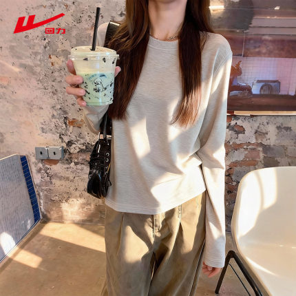 ZH回力纯棉长袖T恤女2026春秋新款休闲宽松圆领上衣白色打底衫