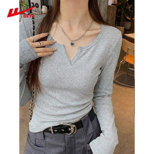 ZH回力麻灰色打底衫女2026春秋款小众紧身短款V领显瘦长袖上衣